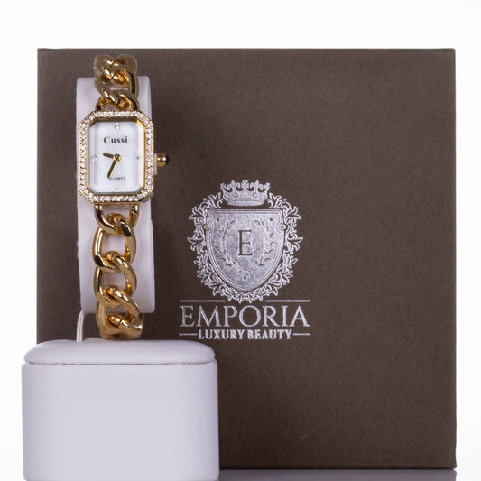 YELLOW GOLD, woman alloy CUSSI watch with quartz crystals + crystals around the dial, chain strap with Gift box