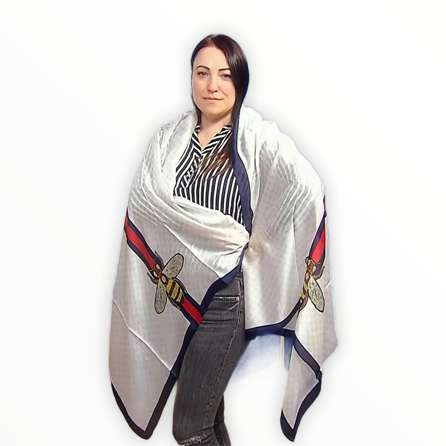 Hedvábná šála-šátek, 90 cm x 180 cm, Včelí vzor, Krémová