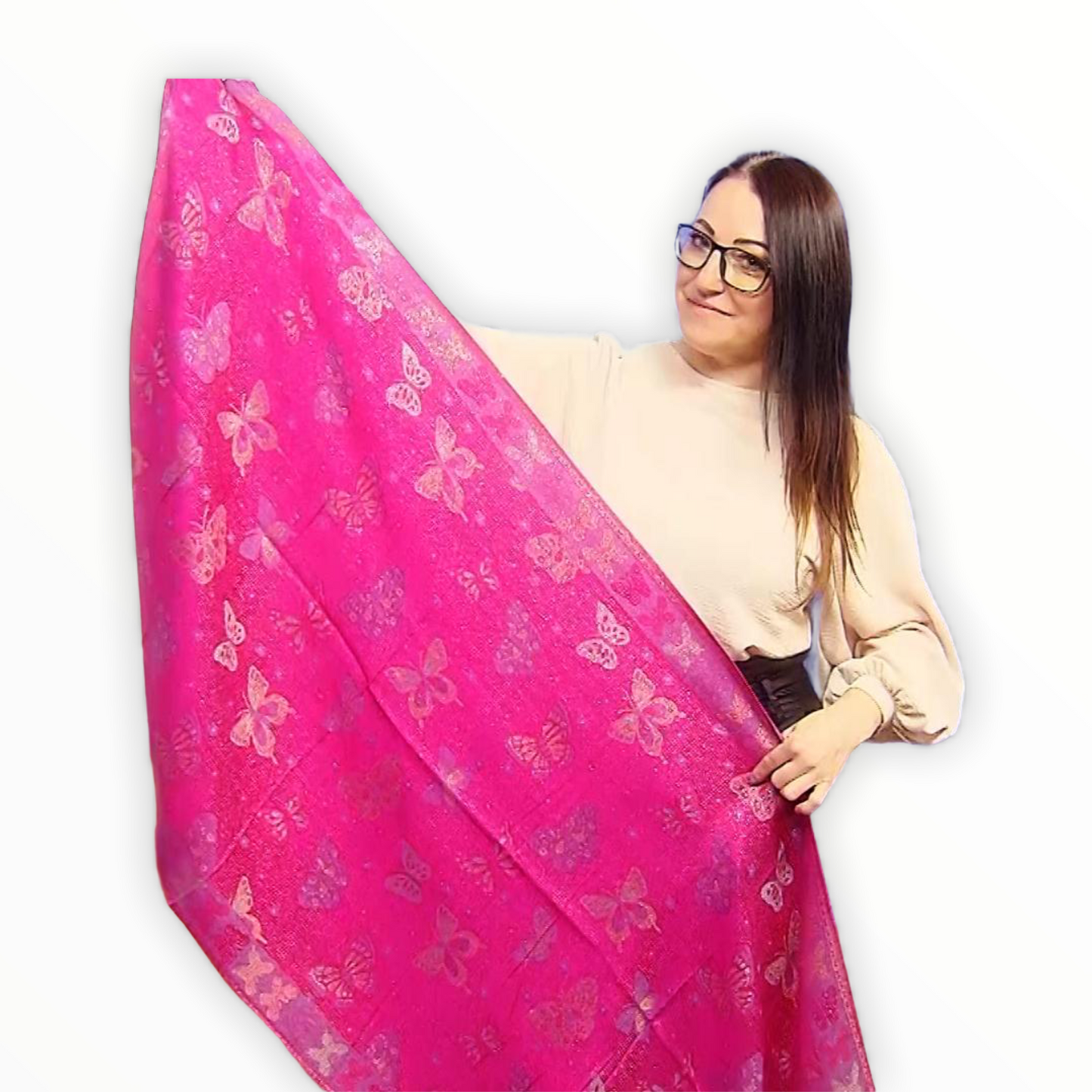 Šála-šátek ze 100% Pravého Pashmina Kašmíru, 70 cm x 170 cm, Lesklá fuchsiová růžová, Motýlí vzor