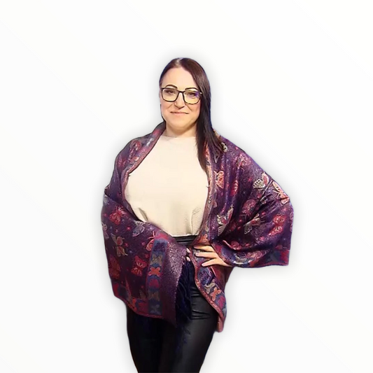 Šála-šátek ze 100% Pravého Pashmina Kašmíru, 70 cm x 170 cm, Lesklá tmavě modrá s motýlím vzorem