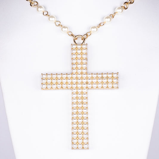 Kříž Pozlacený Slitinový Náhrdelník s Perlou