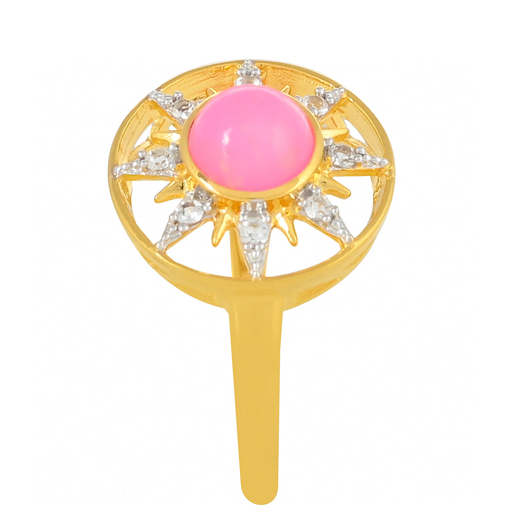 Pozlacené Stříbro 925/1000 - Prsten s Etiopským Neónově Růžovým Opálem a Bílým Topazem - Karátové číslo: 0.71. přibližná hmotnost: 2.84 gramů 3 