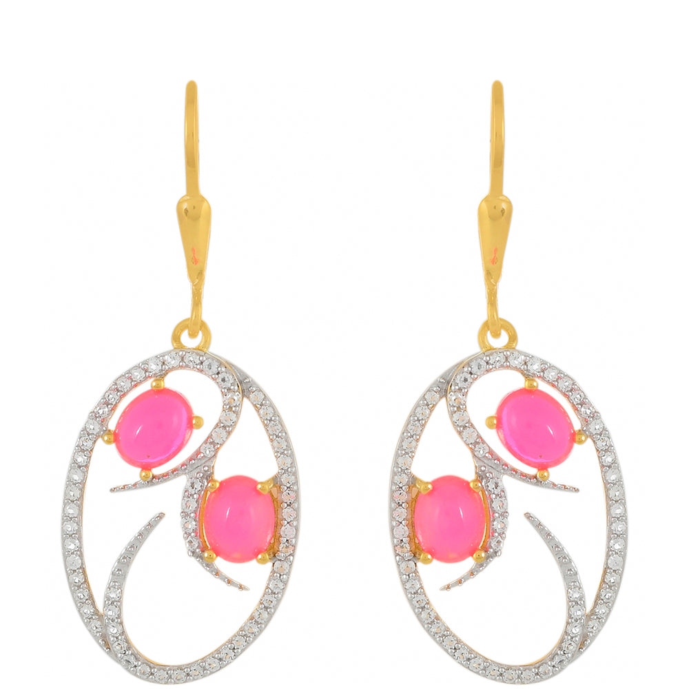 Pozlacené Stříbro 925/1000 - Náušnice s Etiopským Neónově Růžovým Opálem a Bílým Topazem - Karátové číslo: 1.35. přibližná hmotnost: 3.34 gramů 1 