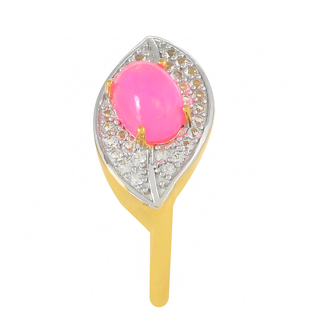 Pozlacené Stříbro 925/1000 - Prsten s Etiopským Neónově Růžovým Opálem a Bílým Topazem - Karátové číslo: 0.71. přibližná hmotnost: 2.83 gramů