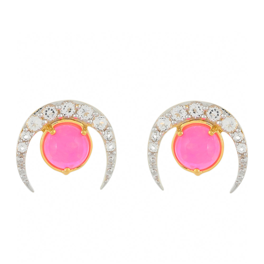 Pozlacené Stříbro 925/1000 - Náušnice s Etiopským Neónově Růžovým Opálem a Bílým Topazem - Karátové číslo: 1.95. přibližná hmotnost: 2.47 gramů