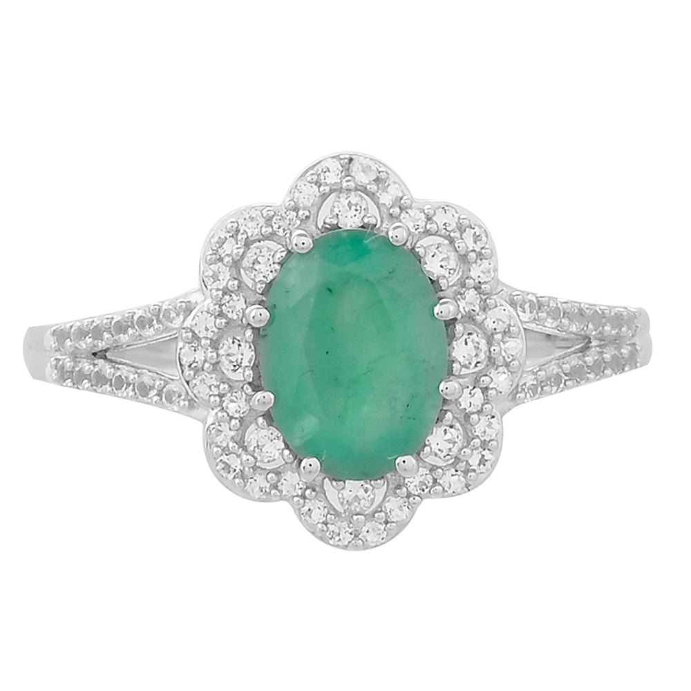 Stříbro 925/1000 - Prsten s Brazilským Smaragdem a Bílým Topazem - Karátové číslo: 1.46. přibližná hmotnost: 2.67 gramů