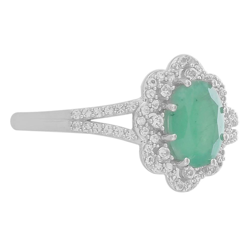 Stříbro 925/1000 - Prsten s Brazilským Smaragdem a Bílým Topazem - Karátové číslo: 1.46. přibližná hmotnost: 2.67 gramů 2 