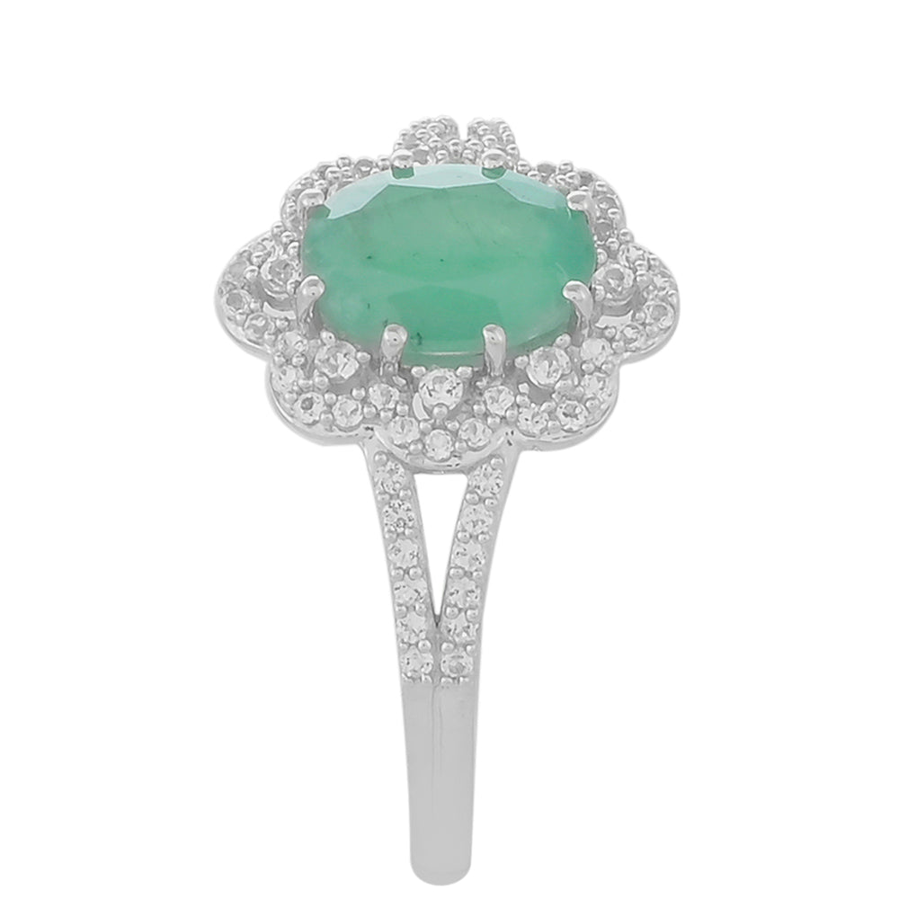 Stříbro 925/1000 - Prsten s Brazilským Smaragdem a Bílým Topazem - Karátové číslo: 1.46. přibližná hmotnost: 2.67 gramů