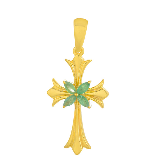 Kříž Pozlacený Stříbrný Přívěsek s Brazilským Smaragdem