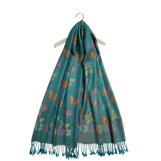 Šála-šátek ze 100% Pravého Pashmina Kašmíru, 70 cm x 170 cm, Zelenomodrá s motýlím vzorem