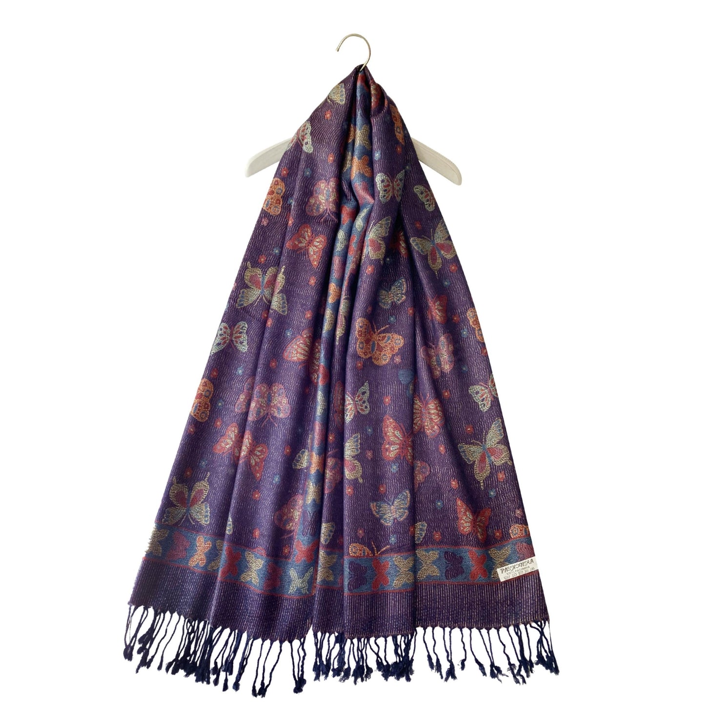 Šála-šátek ze 100% Pravého Pashmina Kašmíru, 70 cm x 170 cm, Lesklá tmavě modrá s motýlím vzorem