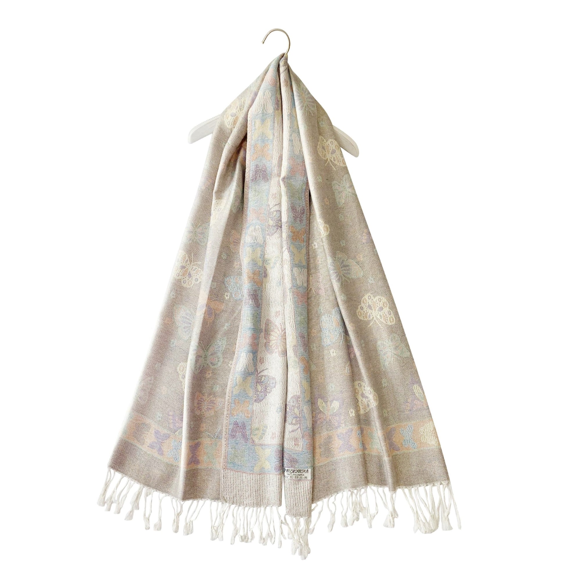 Šála-šátek ze 100% Pravého Pashmina Kašmíru, 70 cm x 170 cm, Lesklá bílá s motýlím vzorem 4 