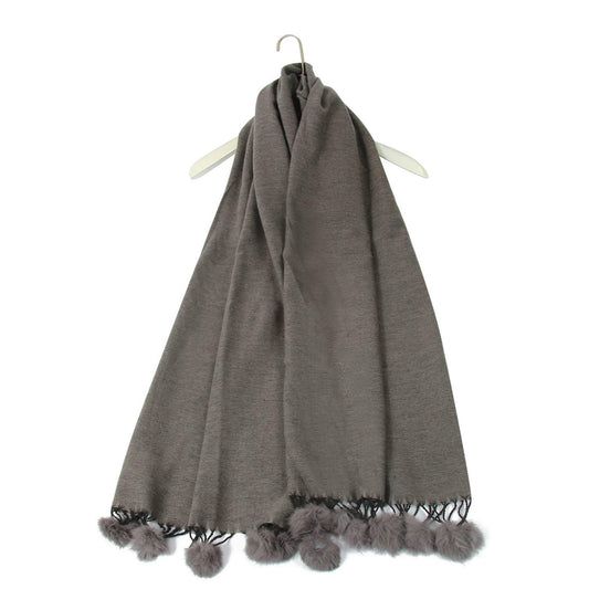 Šála-šátek s Pravou Pom Pom Kožešinou, 60 cm x 170 cm, Šedá