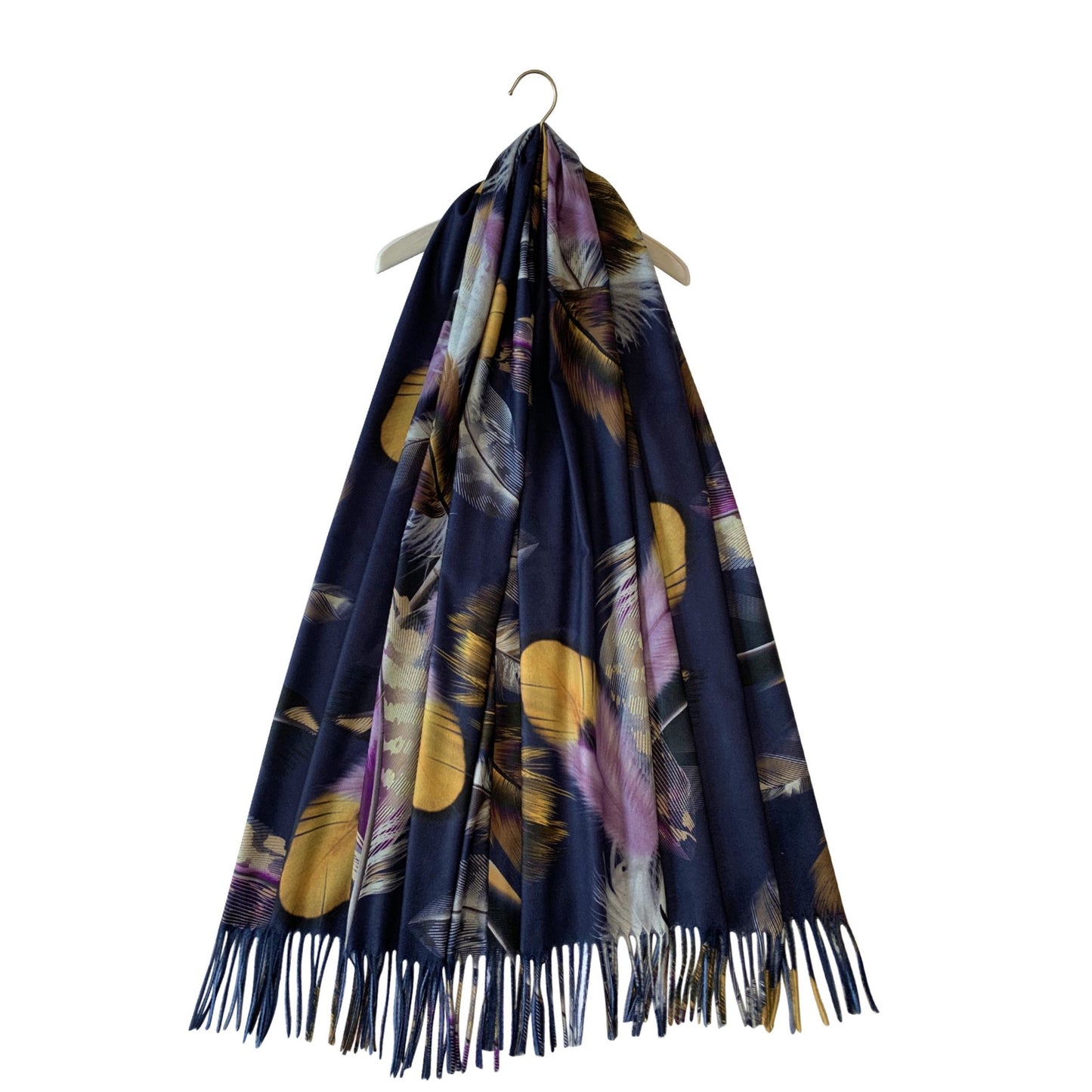 Vlněná šála-šátek, 70 cm x 180 cm, Motiv peří, Námořnická modrá