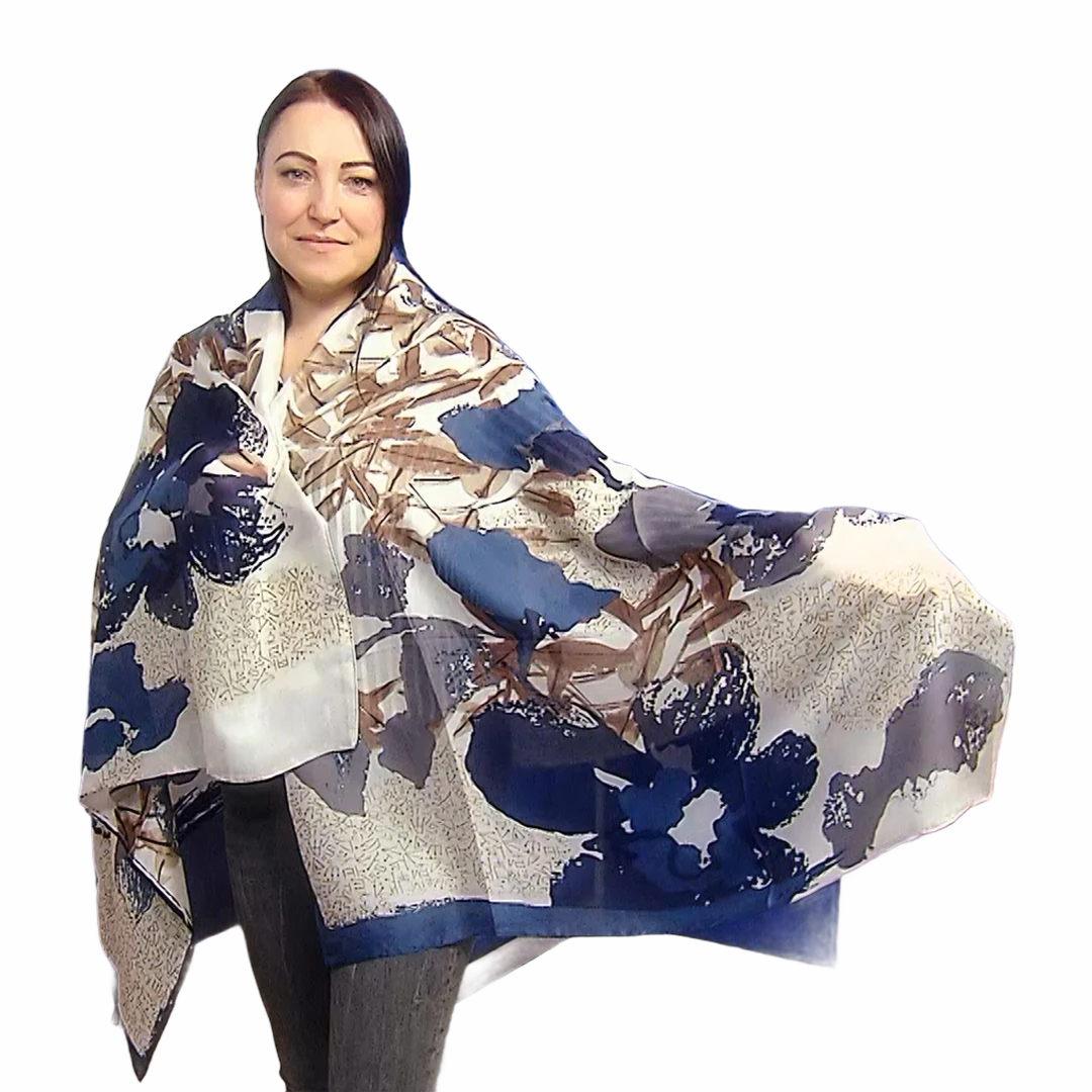 Šála-šátek ze 100% Pravého Hedvábí, 90 cm x 180 cm, Vzor květin a starého písma