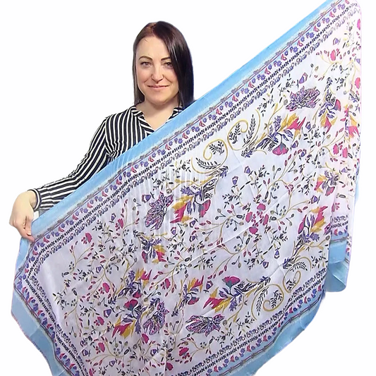 Šála-šátek, 90 cm x 180 cm, Světlý lidový květinový vzor, modrá