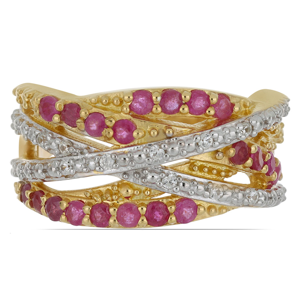 Pozlacené Stříbro 925/1000 - Prsten s Madagaskarským Rubínem a Přírodním Bílým Zirkonem - Karátové číslo: 1.34. přibližná hmotnost: 7.16 gramů 1 