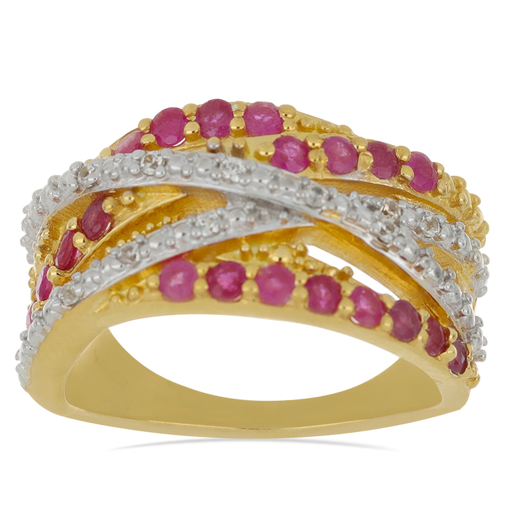 Pozlacené Stříbro 925/1000 - Prsten s Madagaskarským Rubínem a Přírodním Bílým Zirkonem - Karátové číslo: 1.34. přibližná hmotnost: 7.16 gramů 2 