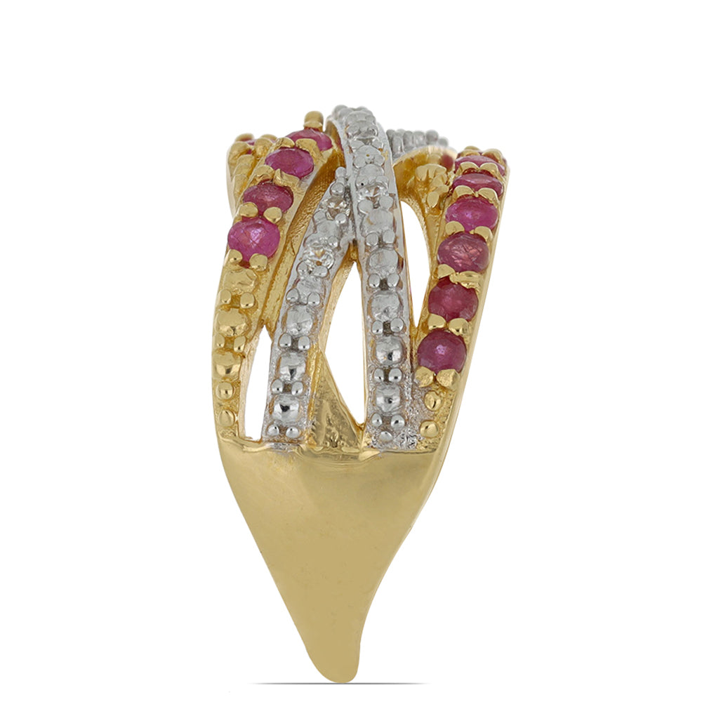 Pozlacené Stříbro 925/1000 - Prsten s Madagaskarským Rubínem a Přírodním Bílým Zirkonem - Karátové číslo: 1.34. přibližná hmotnost: 7.16 gramů