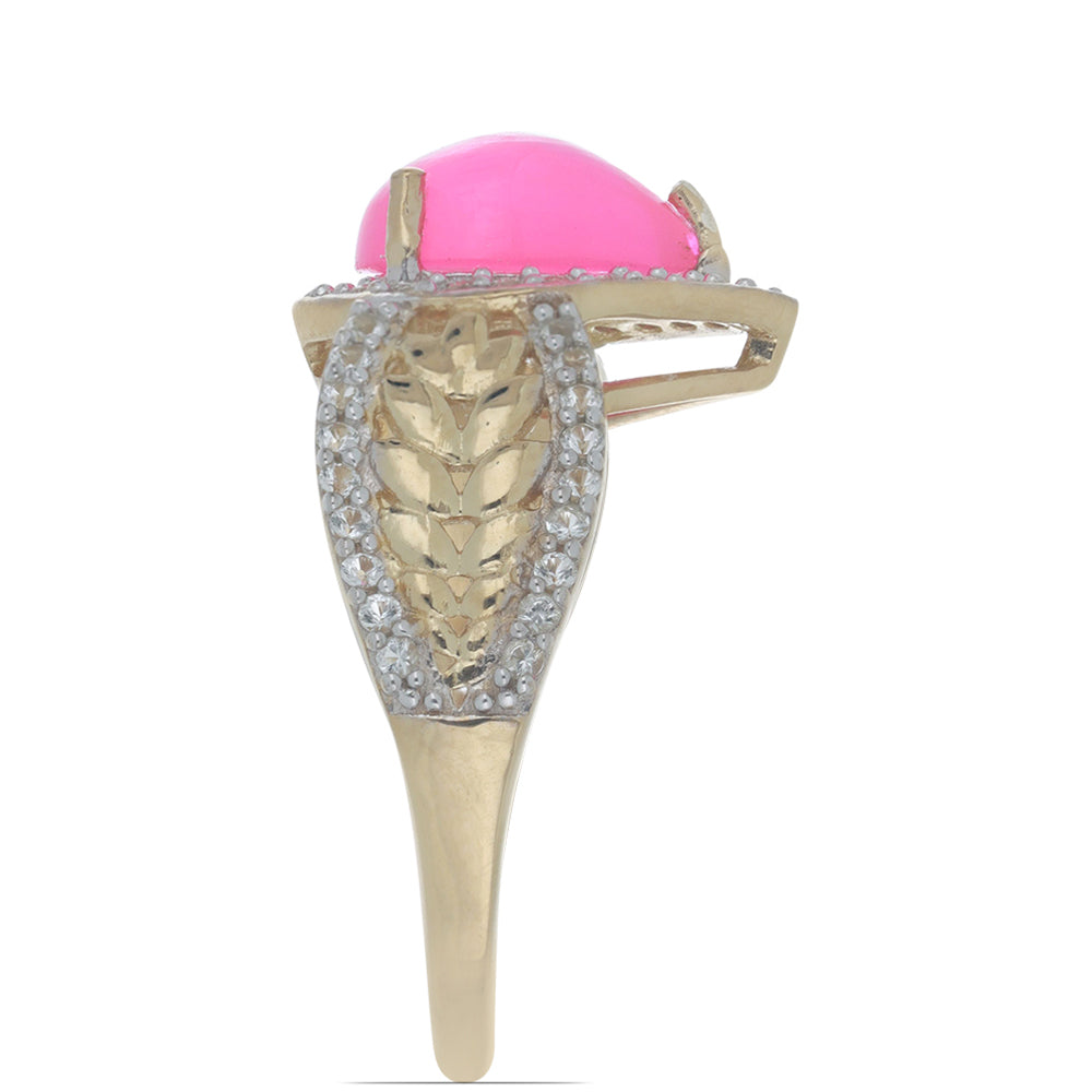 Pozlacené Stříbro 925/1000 - Prsten s Růžovým Opálem z Lega Dembi a Bílým Topazem - Karátové číslo: 1.71. přibližná hmotnost: 4.02 gramů