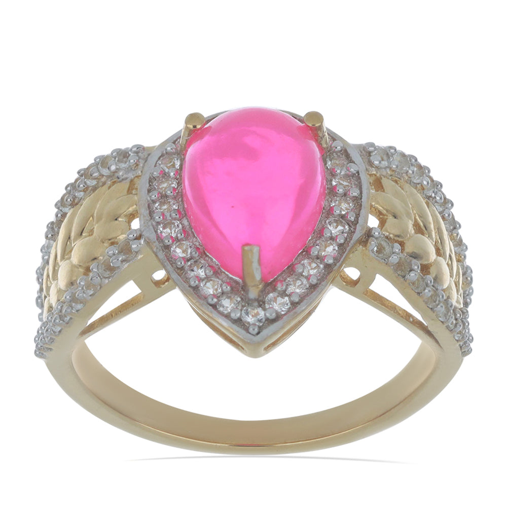 Pozlacené Stříbro 925/1000 - Prsten s Růžovým Opálem z Lega Dembi a Bílým Topazem - Karátové číslo: 1.71. přibližná hmotnost: 4.02 gramů