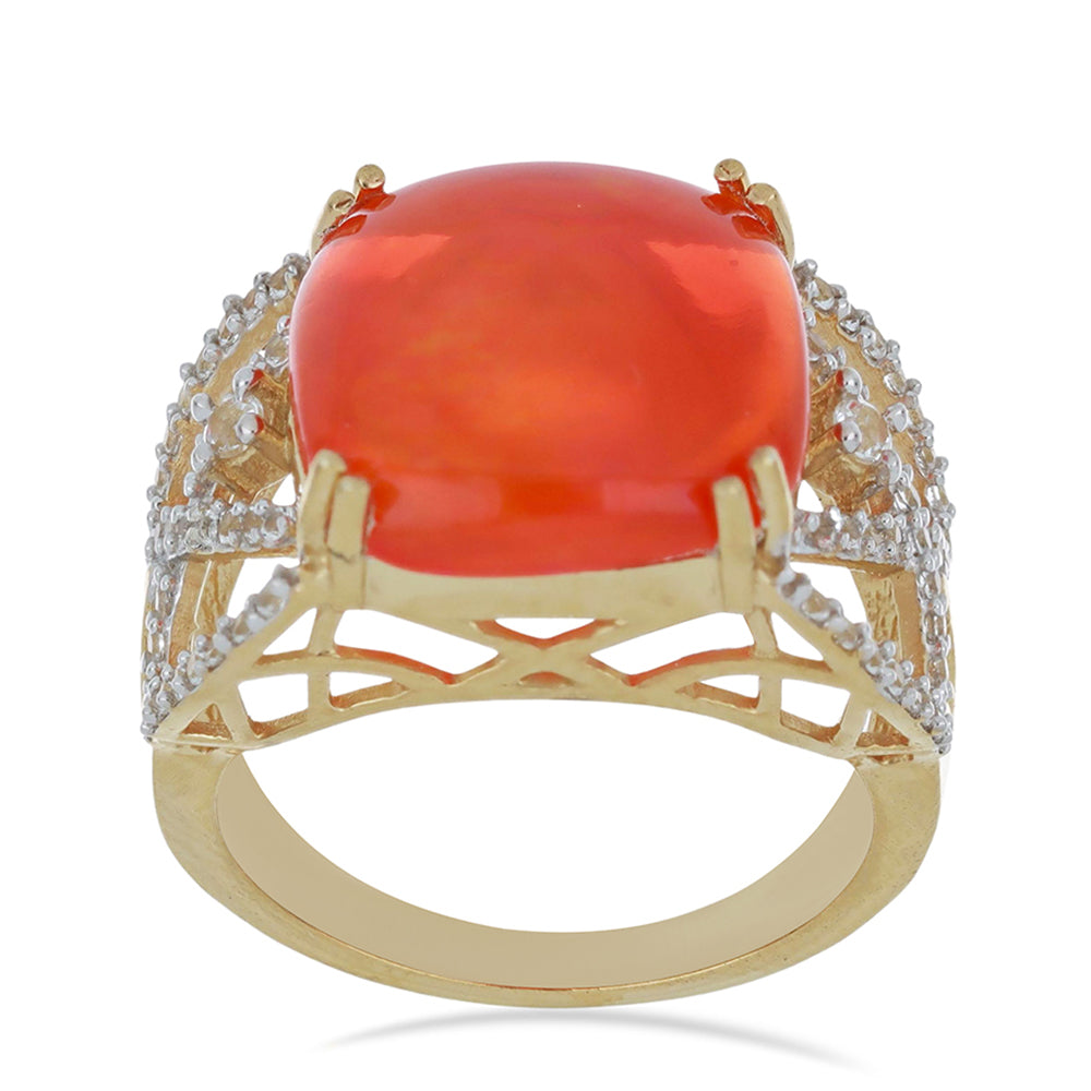 Pozlacené Stříbro 925/1000 - Prsten s Oranžovým Opálem z Lega Dembi a Bílým Topazem - Karátové číslo: 6.28. přibližná hmotnost: 4.9 gramů 2 