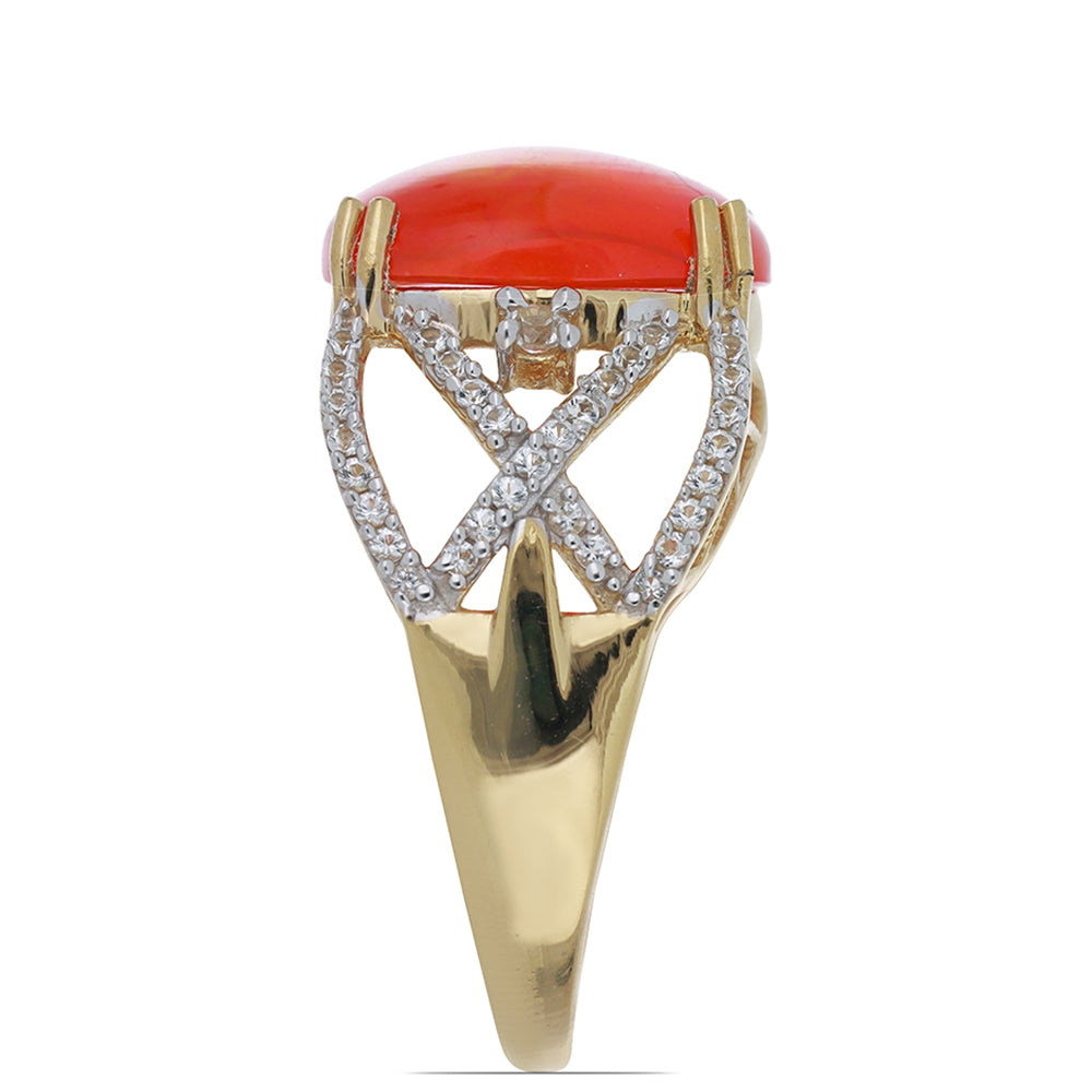 Pozlacené Stříbro 925/1000 - Prsten s Oranžovým Opálem z Lega Dembi a Bílým Topazem - Karátové číslo: 6.28. přibližná hmotnost: 4.9 gramů 4 