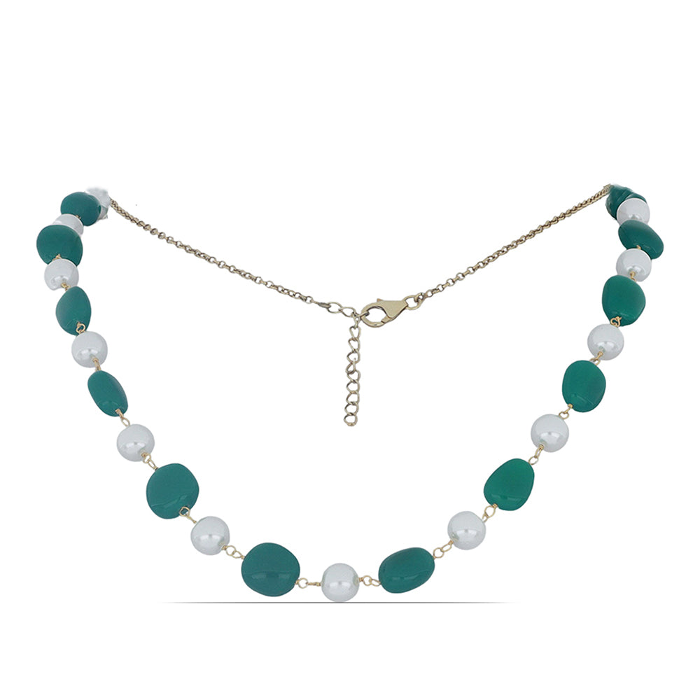 Pozlacené Stříbro 925/1000 - Náhrdelník se Zeleným Achátem a Bílou Sladkovodní Perlou - Karátové číslo: 156.5. přibližná hmotnost: 34.5 gramů