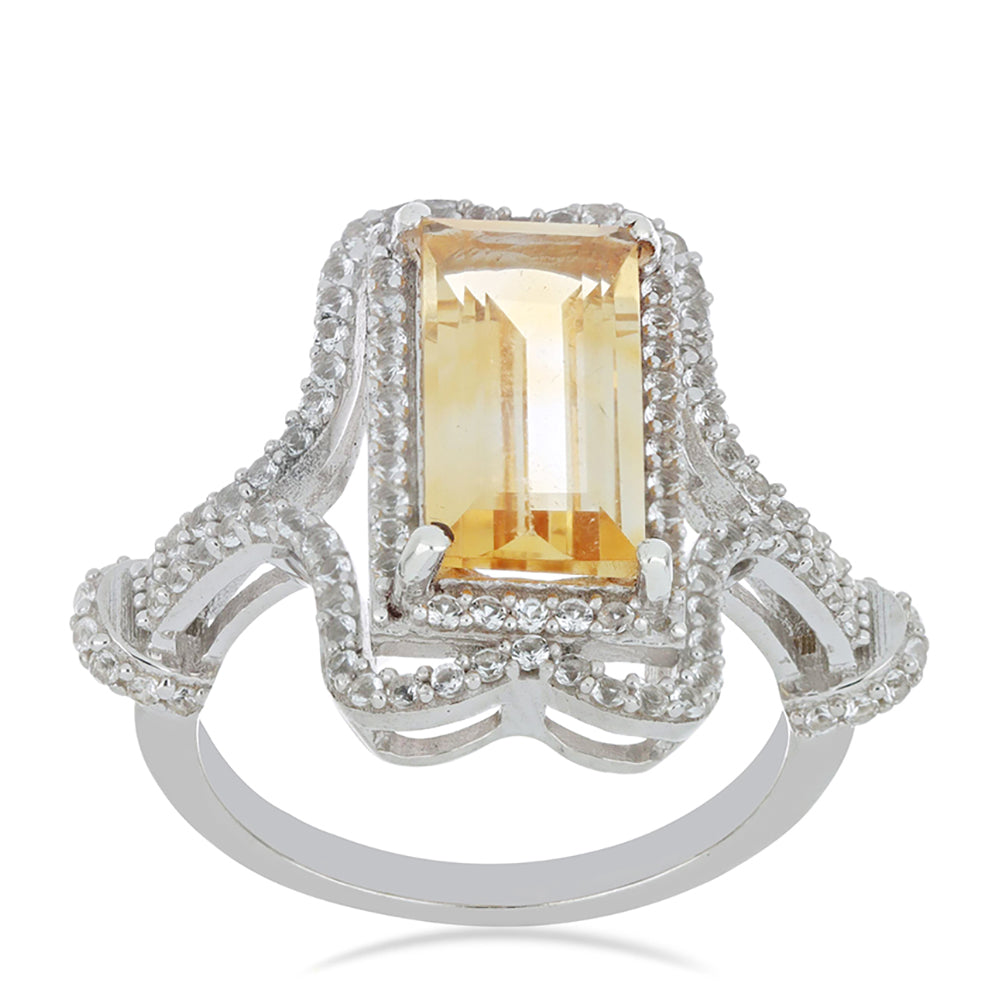 Stříbro 925/1000 - Prsten s Uralským Citrínem a Bílým Topazem - Karátové číslo: 4.83. přibližná hmotnost: 6.62 gramů