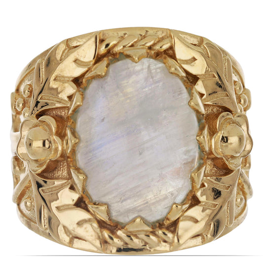 Pozlacený Stříbrný Prsten s Duhovým Měsíčním Kamenem z Grant County