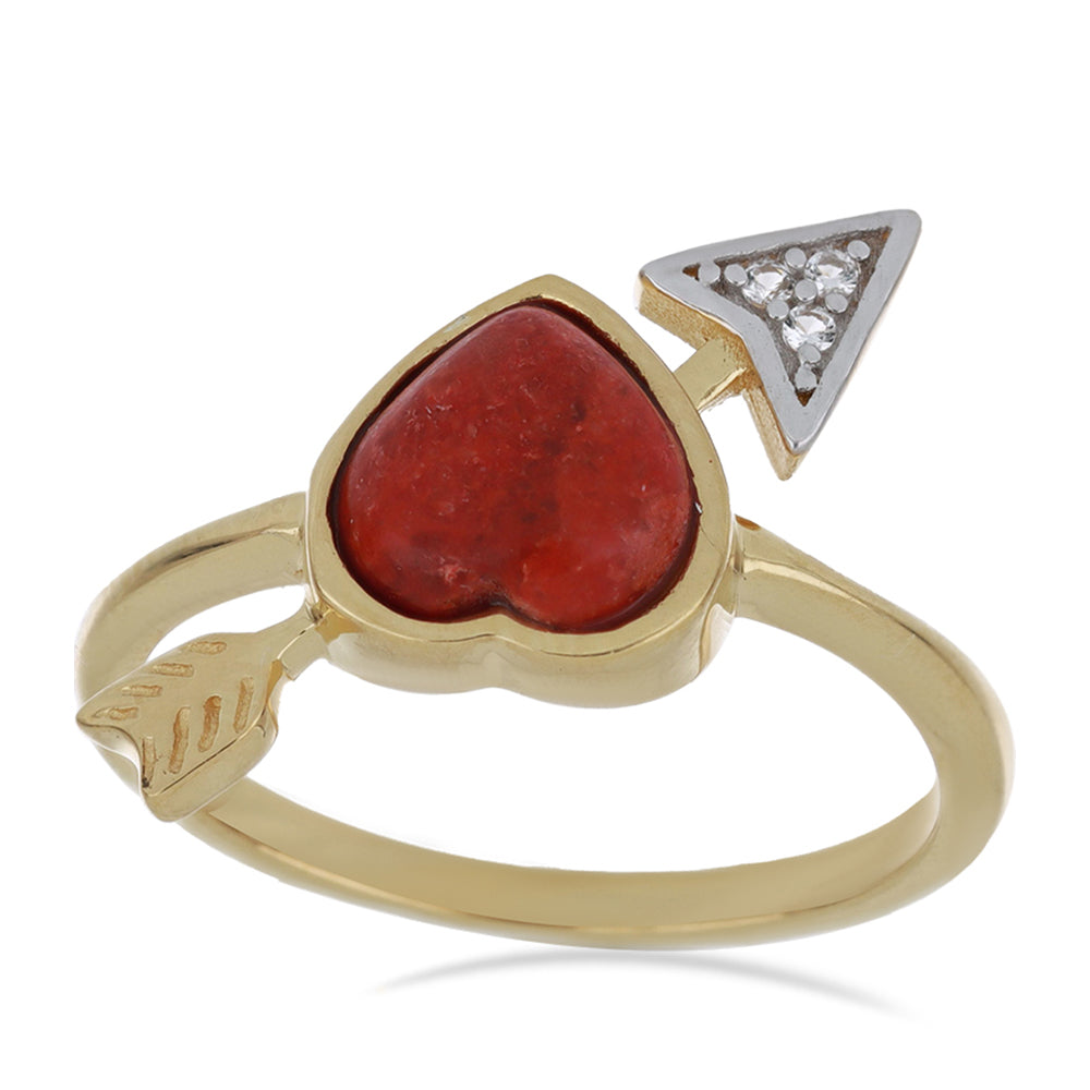 Pozlacené Stříbro 925/1000 - Prsten s Červeným Houbovým Korálem a Bílým Topazem - Karátové číslo: 1.44. přibližná hmotnost: 3.01 gramů 2 