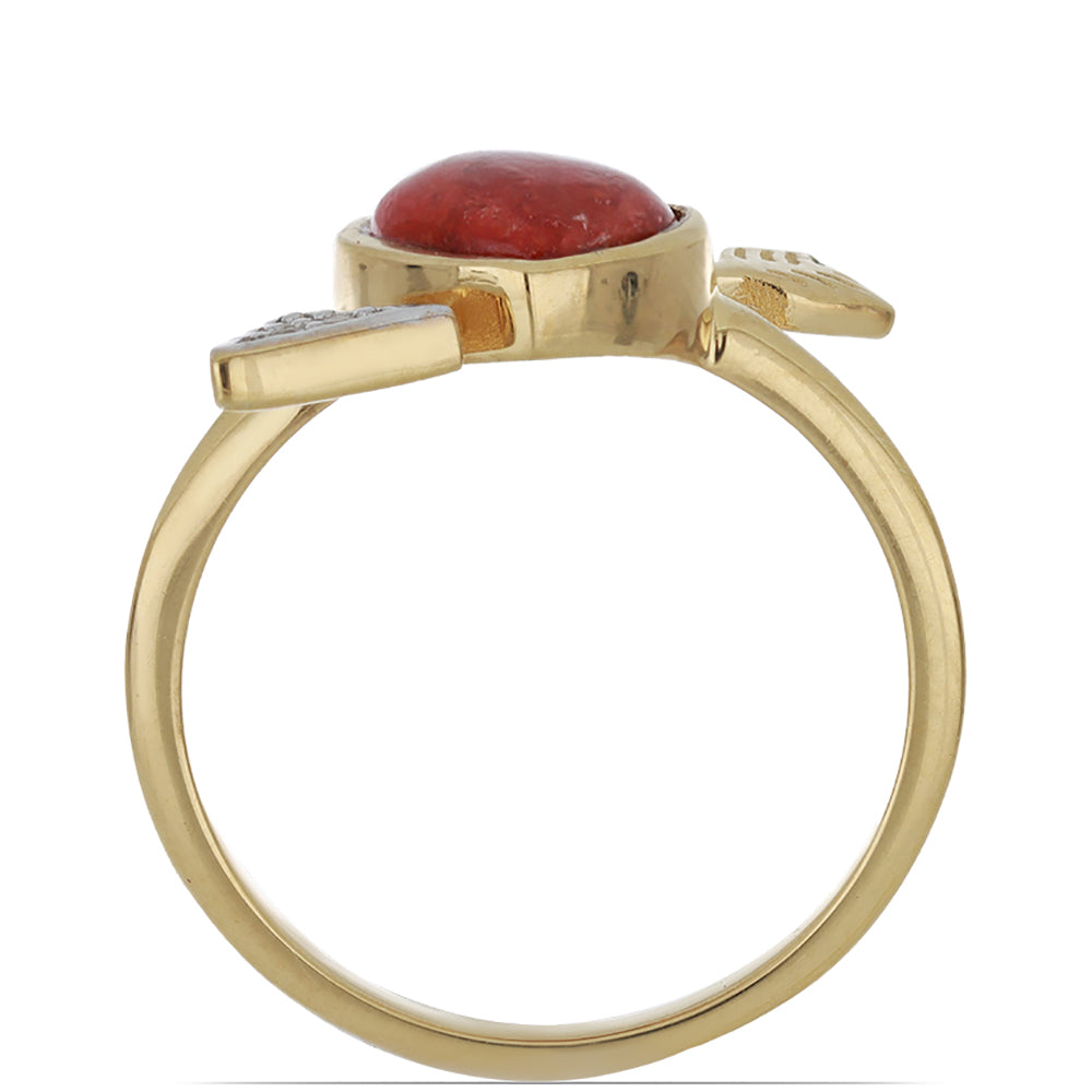 Pozlacené Stříbro 925/1000 - Prsten s Červeným Houbovým Korálem a Bílým Topazem - Karátové číslo: 1.44. přibližná hmotnost: 3.01 gramů 3 