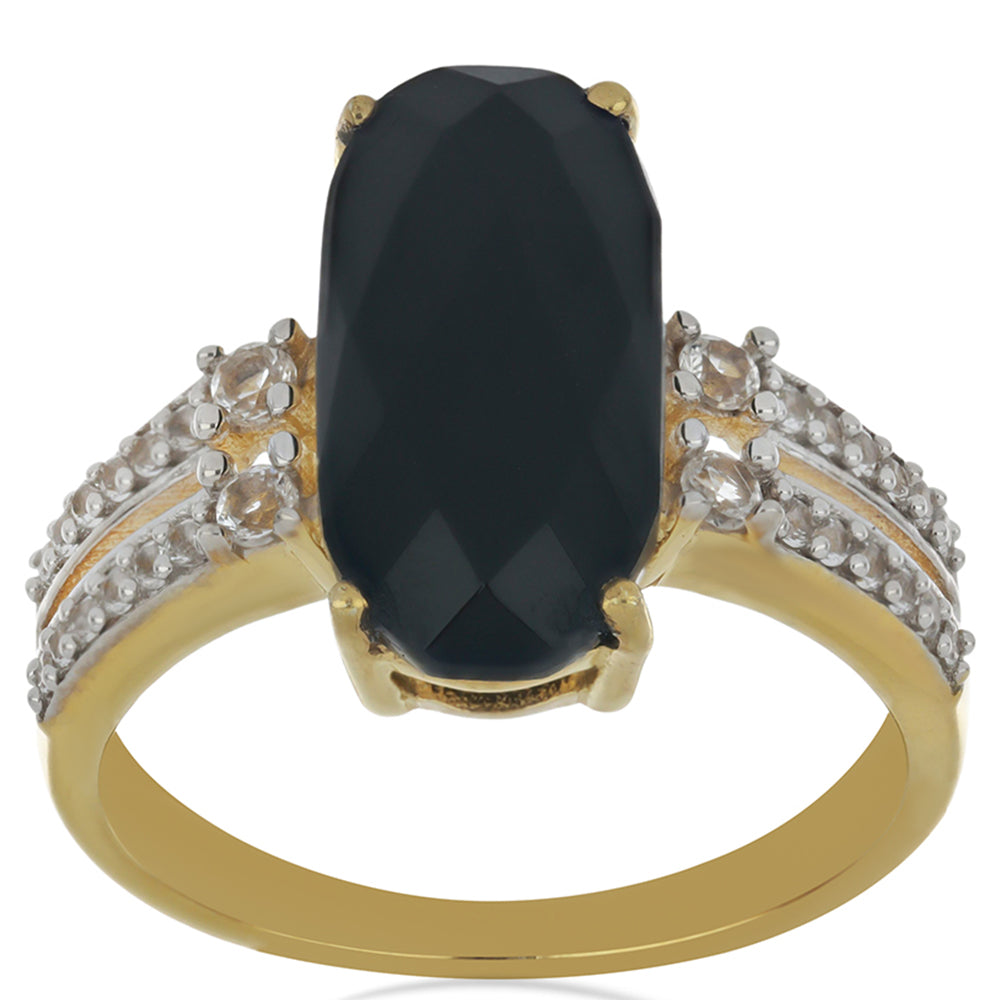 Pozlacený Stříbrný Prsten s Černým Suwarským Onyxem a Bílým Topazem