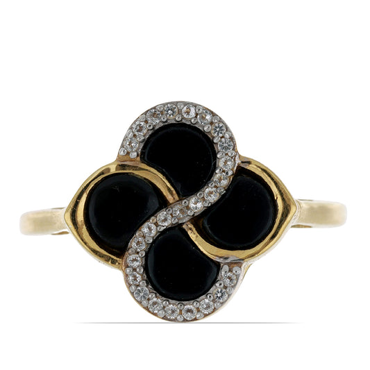 Pozlacený Stříbrný Prsten s Černým Suwarským Onyxem a Bílým Topazem
