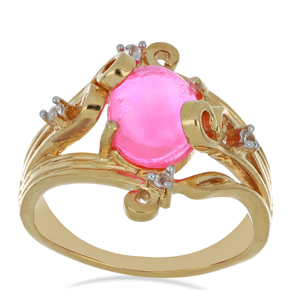 Pozlacené Stříbro 925/1000 - Prsten s Etiopským Růžovým Opálem z Lega Dembi a Bílým Topazem - Karátové číslo: 1.57. přibližná hmotnost: 5.04 gramů