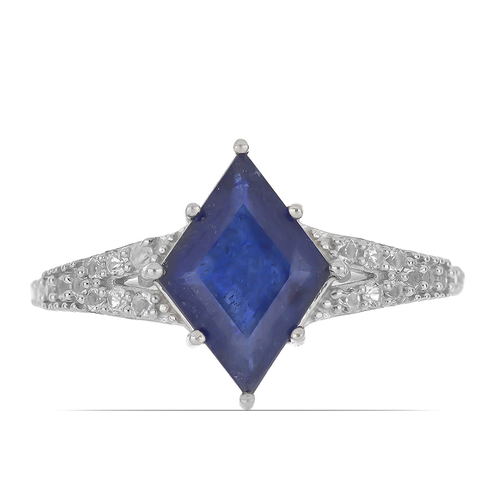 Stříbro 925/1000 Prsten s Roseberským Modrým Safírem a Bílým Topazem - Karátové číslo: 4.1. přibližná hmotnost: 4 gramů