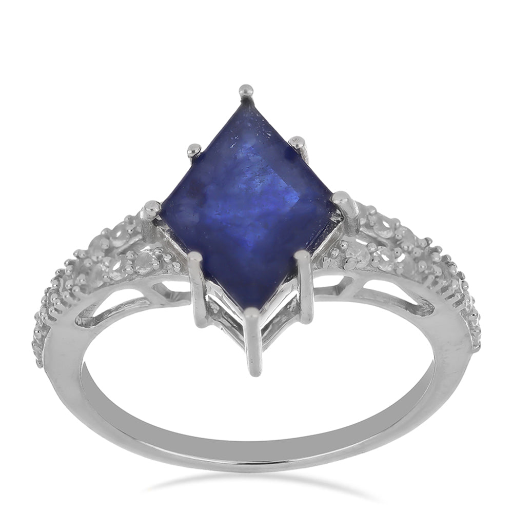 Stříbro 925/1000 Prsten s Roseberským Modrým Safírem a Bílým Topazem - Karátové číslo: 4.1. přibližná hmotnost: 4 gramů