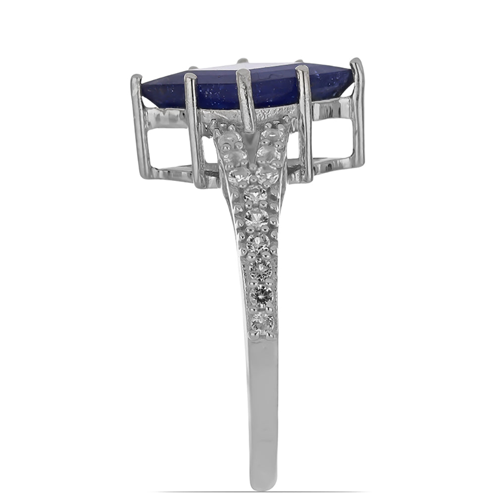 Stříbro 925/1000 Prsten s Roseberským Modrým Safírem a Bílým Topazem - Karátové číslo: 4.1. přibližná hmotnost: 4 gramů