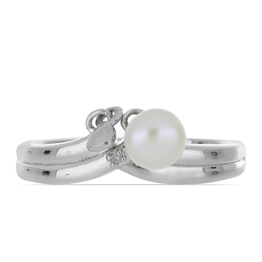Stříbrný Prsten s Bílým Diamantem a Bílou Sladkovodní Perlou