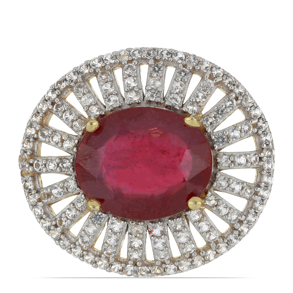 Pozlacené Stříbro 925/1000 - Prsten s Madagaskarským Rubínem a Bílým Topazem - Karátové číslo: 7.46. přibližná hmotnost: 5.68 gramů