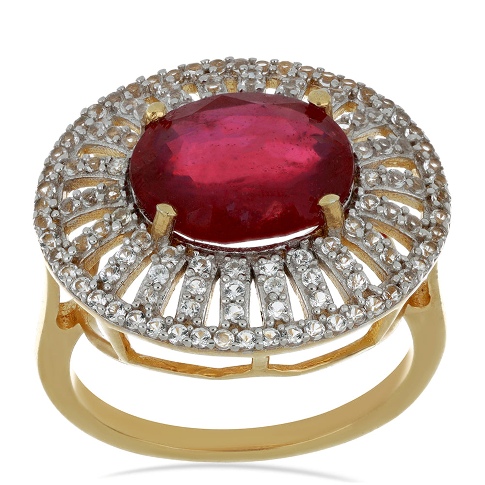 Pozlacené Stříbro 925/1000 - Prsten s Madagaskarským Rubínem a Bílým Topazem - Karátové číslo: 7.46. přibližná hmotnost: 5.68 gramů