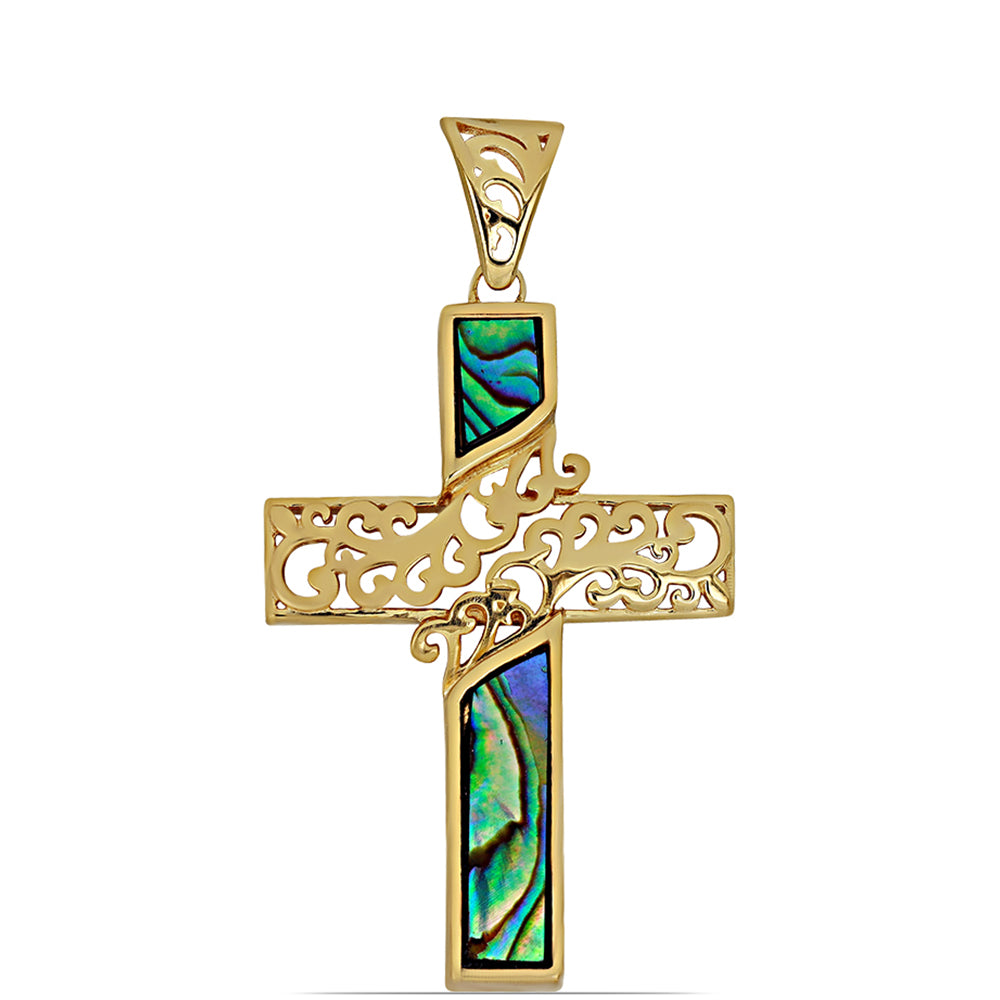 Kříž Pozlacený Stříbrný Přívěsek s Mušlí Paua