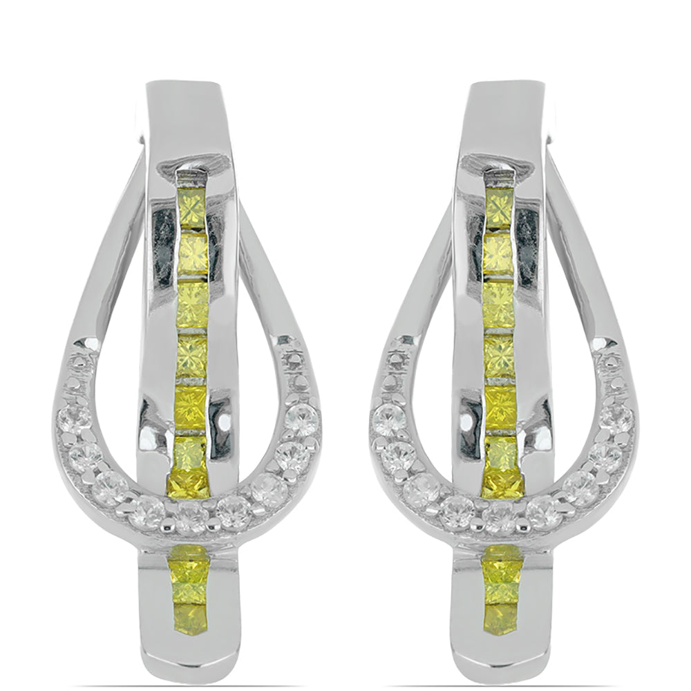 Stříbro 925/1000 - Náušnice se Žlutým Diamantem a Bílým Zirkonem - Karátové číslo: 0.46. přibližná hmotnost: 2.78 gramů 1 