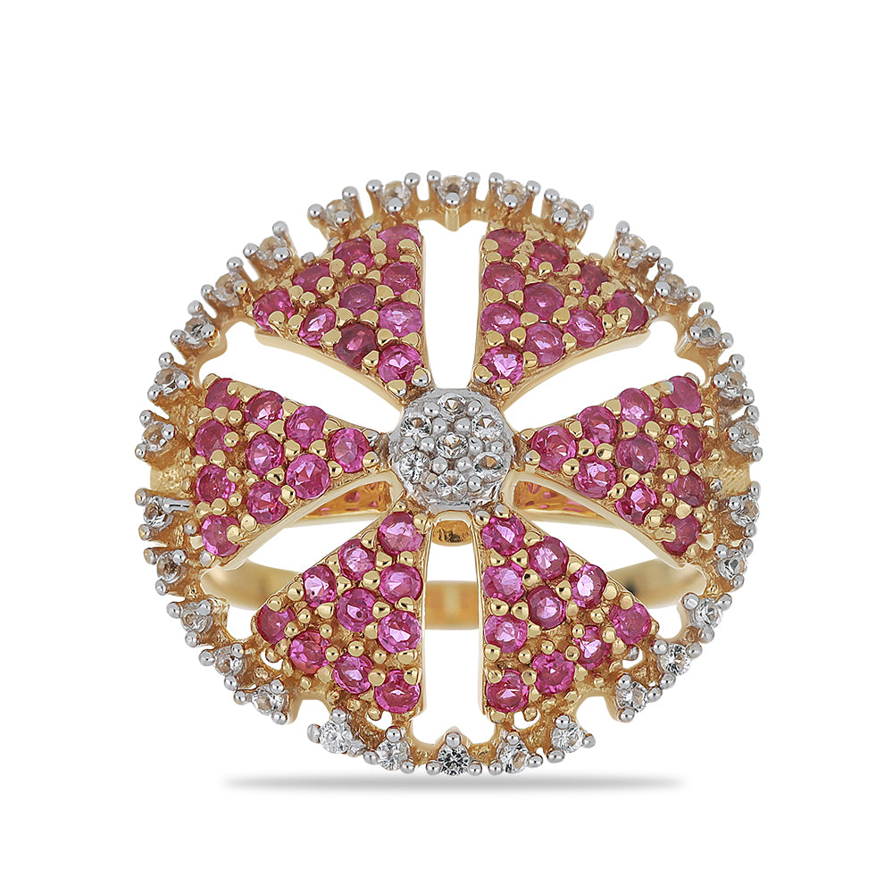 Pozlacené Stříbro 925/1000 - Prsten s Madagaskarským Rubínem a Bílým Topazem - Karátové číslo: 1.62. přibližná hmotnost: 5.5 gramů