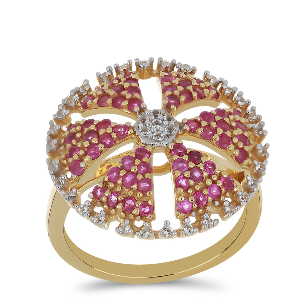 Pozlacené Stříbro 925/1000 - Prsten s Madagaskarským Rubínem a Bílým Topazem - Karátové číslo: 1.62. přibližná hmotnost: 5.5 gramů