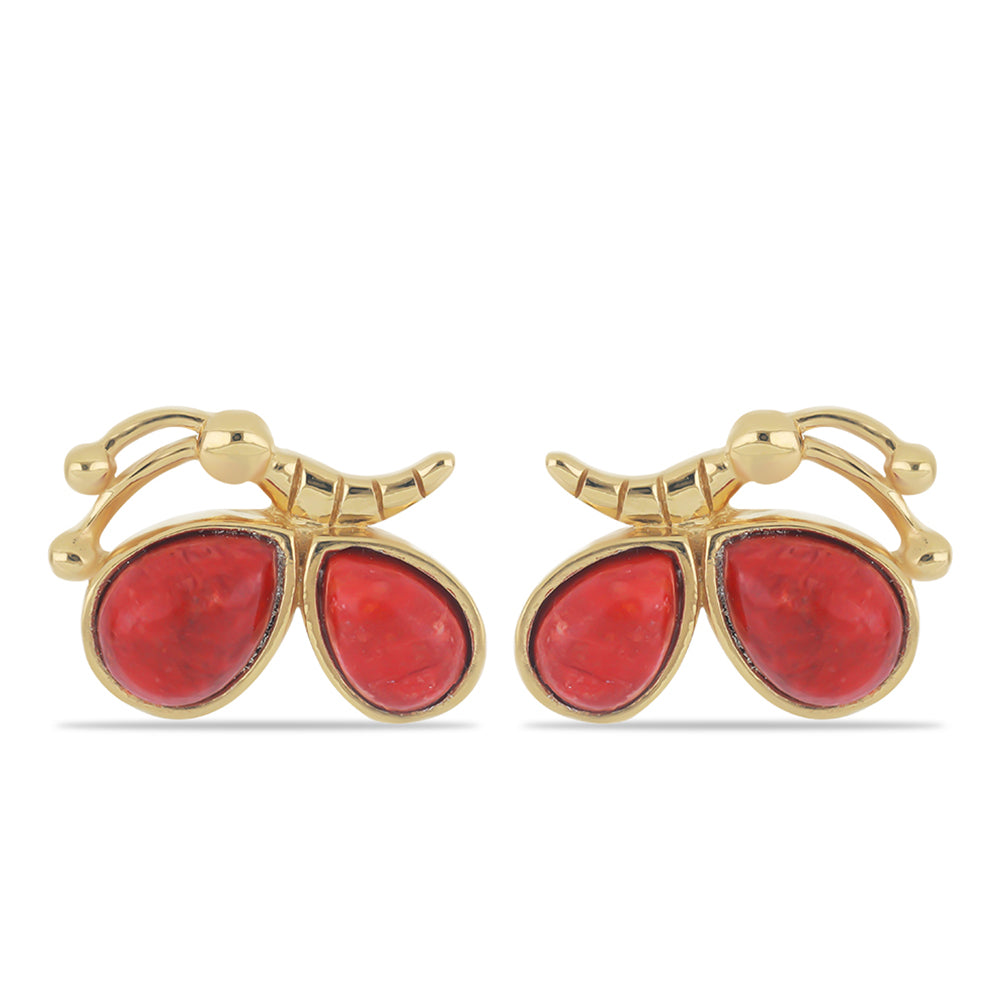 Pozlacené Stříbro 925/1000 - Náušnice s Červeným Houbovým Korálem - Karátové číslo: 3.51. přibližná hmotnost: 5.21 gramů 1 