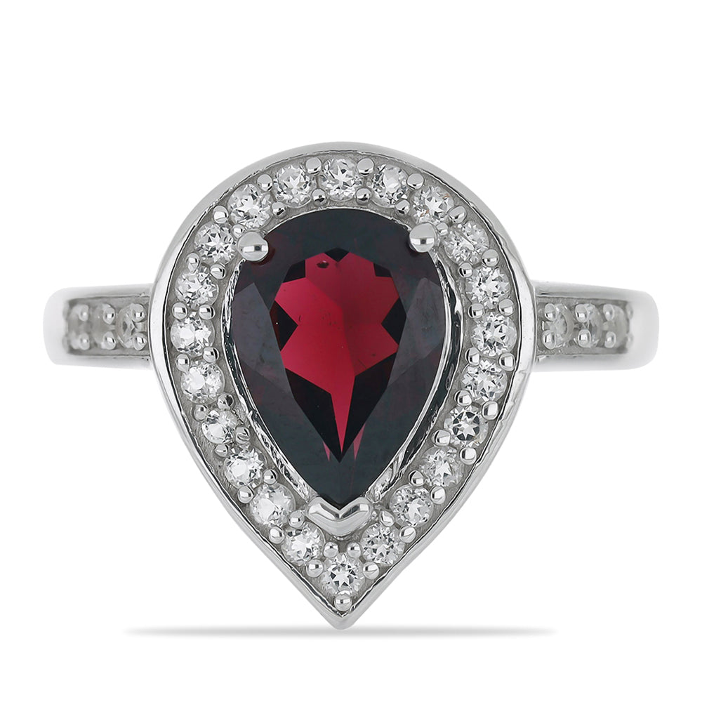 Stříbro 925/1000 - Prsten s Rhodolitovým Granátem z Minas Moatize a Bílým Topazem - Karátové číslo: 2.88. přibližná hmotnost: 4.01 gramů