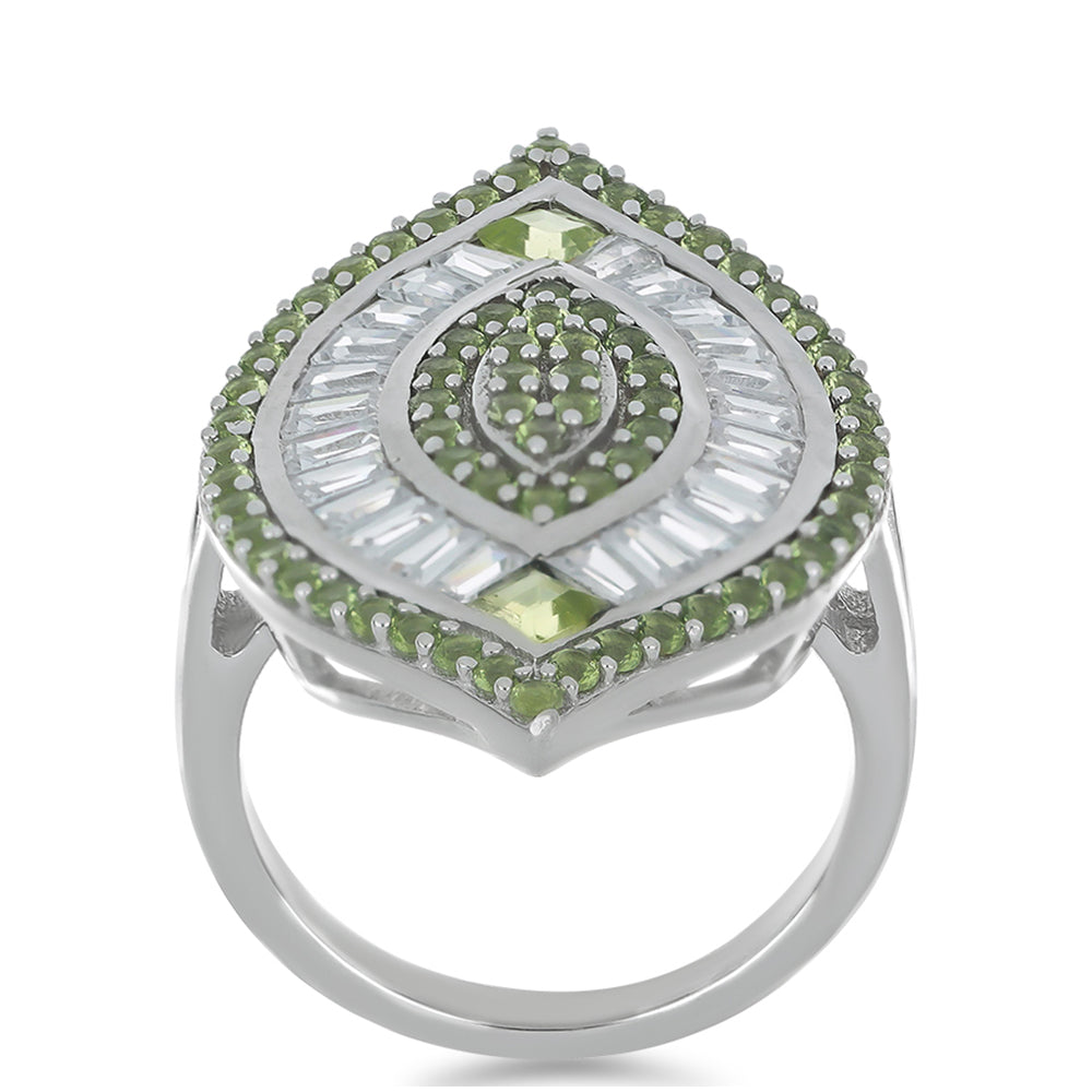Stříbrný Prsten s Čchang-pajským Peridotem a Bílým Zirkonem