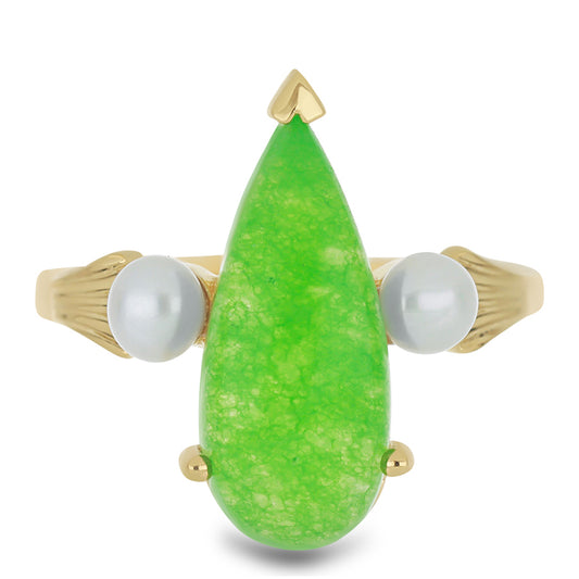 Pozlacený Stříbrný Prsten se Zeleným Jadeitem a Bílou Sladkovodní Perlou