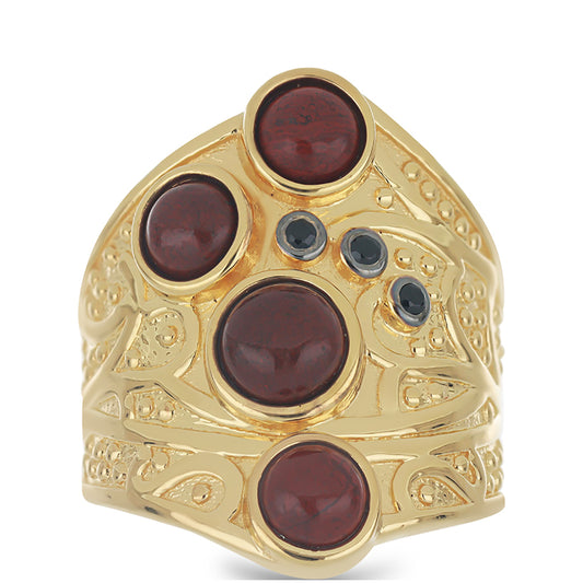 Pozlacený Stříbrný Prsten s Červeným Jaspisem a Černý Spinel z Horského Badachšánu